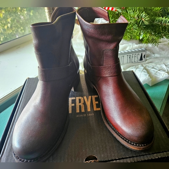 Frye Veronica Leather Buckle Moto Booties, Size 8.5, Color Redwood - Picture 2 of 10